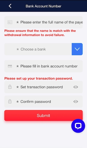Step 3: Please enter your bank account information and create a transaction password